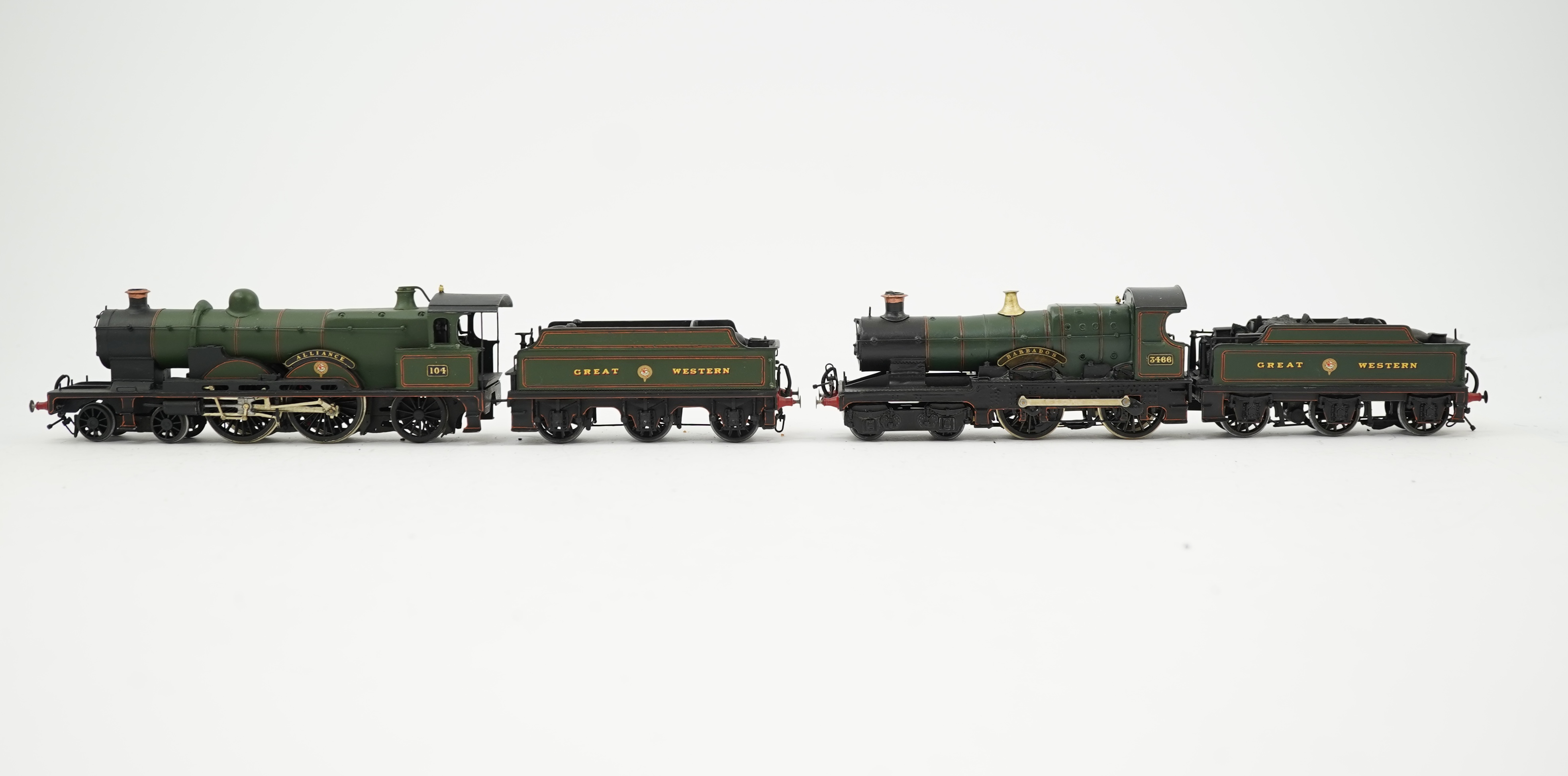 Two 00 gauge brass and white metal kit built GWR tender locomotives; a 4-4-2, Alliance 104, together with a Bulldog class 4-4-0, Barbados 3466, constructed, painted and lined to a high standard, both motored for two rail
